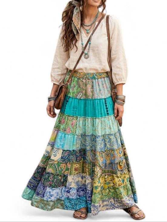no tags Dresses & Skirts - India Boutique Silk Hippie Boho Patchwork Maxi Tiered Skirt